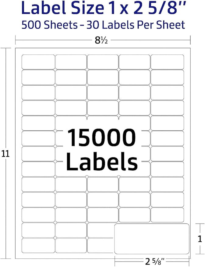 Easy Peeling Printable Address Shipping Labels, 1" x2 5/8" | Customizable Sticker | White | 15,000 Blank Mailing and Shipping Labels | Inkjet and Laser Printer Guaranteed | Blank Labels