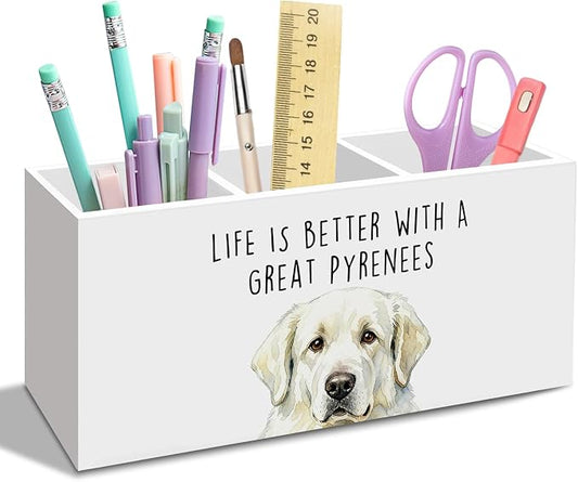 Great Pyrenees Dog Gifts Pen Pencil Holder for Desk, Funny Dogs Gift Office Desk Accessories, Life Is Better with a Great Pyrenees Pen Holders Organizer for Women Bathroom Decor