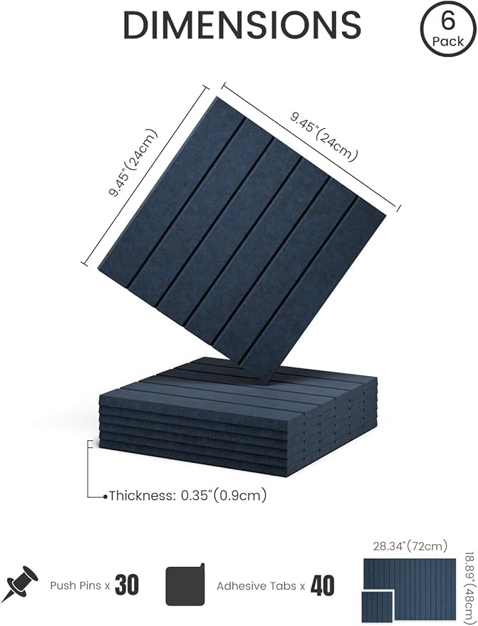 Fluxynara Felt Bulletin Board Tiles -28"x18" with 40 Adhesive Tabs, Cork Board Alternative for Office Decor, Push Pin Board Wall Organizer 6-Pack (Navy Blue)