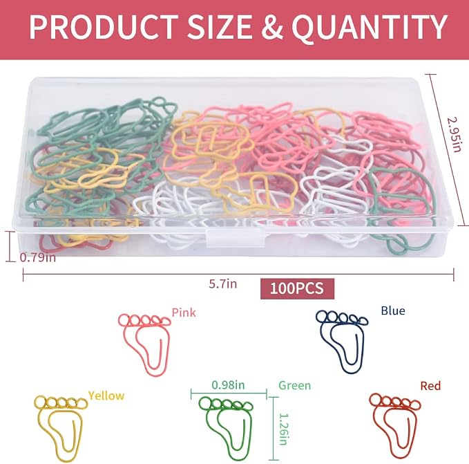 Vuzvuv 100Pcs Rainbow Creative Footprint Paper Clips Assorted Colors Cute Metal Footmark Shaped Bookmark Clips for Party Invitation Card Student Gift Notebook Office Accessories Document Organization