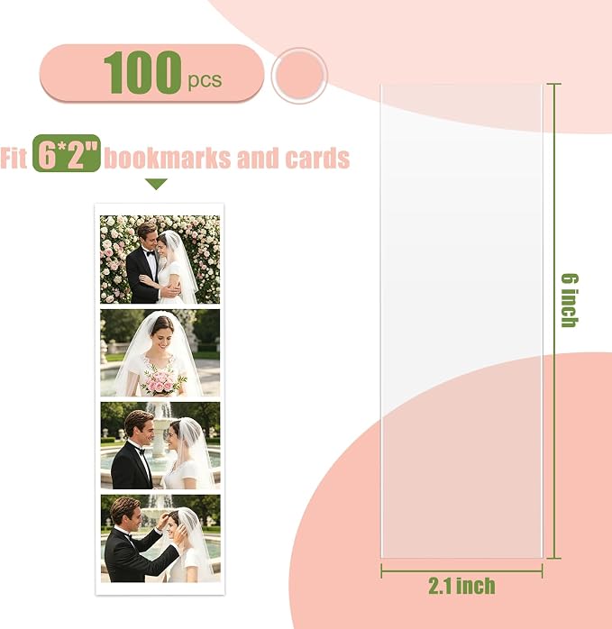 Clear Bookmark Sleeves 100 Pcs Plastic Blank Photobooth Frames 2x6 Bookmark Sleeves Bookmark Cover Holder for Reading DIY Projects Party Favor Gift Tag