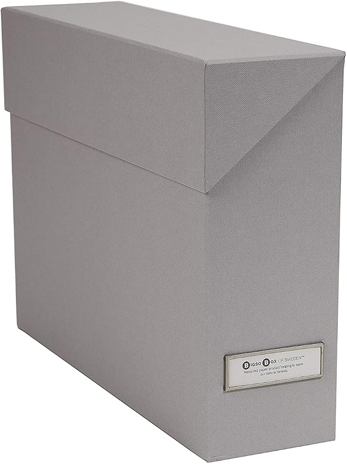 Bigso Lovisa Fiberboard Label Frame 12 File Storage Box - Document Organizer for Important Paperwork - Durable Hanging File Box with a Flip Top Lid & Metal Label Window - 3.7 in x 13 in x 9.4in - Grey