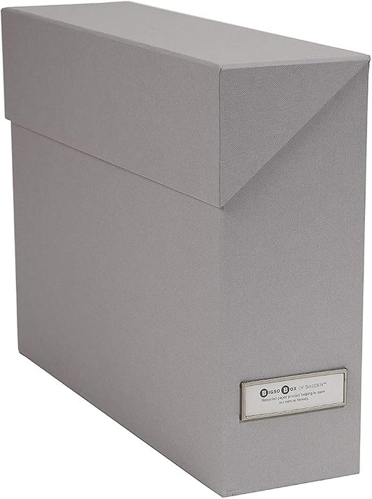 Bigso Lovisa Fiberboard Label Frame 12 File Storage Box - Document Organizer for Important Paperwork - Durable Hanging File Box with a Flip Top Lid & Metal Label Window - 3.7 in x 13 in x 9.4in - Grey