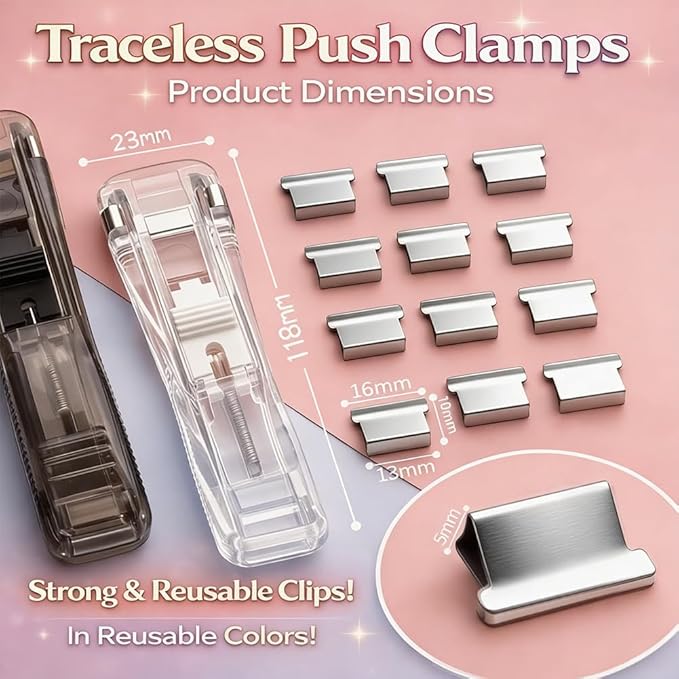 Portable Binder Clip Stapler with 100PCS Reusable Push Clips, Handheld Paper Clam Dispenser, Non-Destructive Desktop Stapler Alternative for Office School Home, Document Binding (Blue-2pcs)