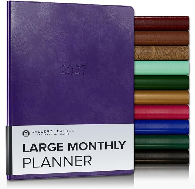 Gallery Leather Large Monthly Planner 2027, Elegantly Bound Calendar Planner and Notebook with Stylish Gold-Gilded Page Edges, 18 Months - Acadia Plum - 9.75x7.5"