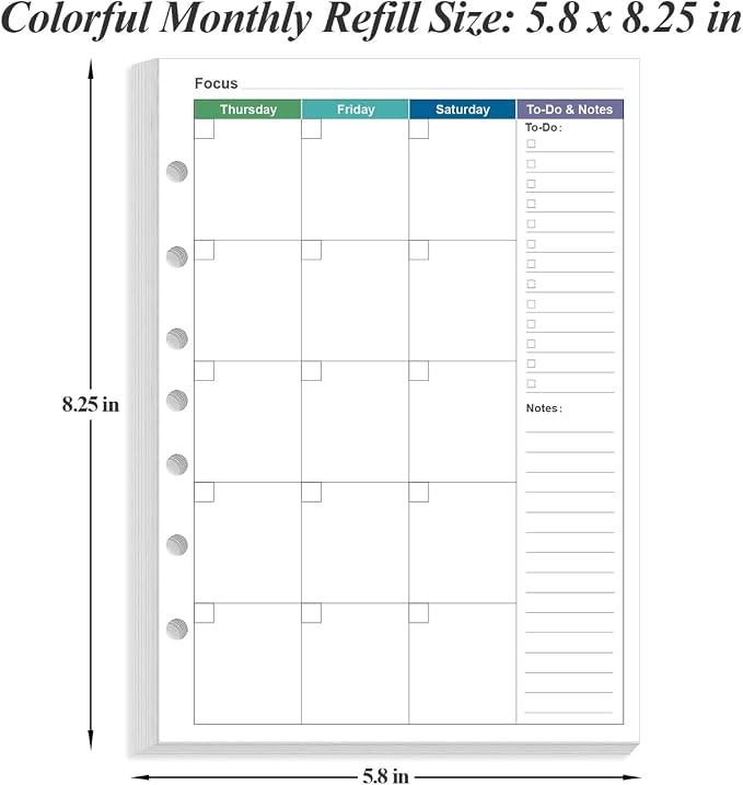 Monthly Planner Refills for Mini Binders - 53 Sheets/106 Pages Undated Colorful Monthly Planner, 7-Hole Punched, 100 gsm White Paper, Lasts 2 Year, Undated, 5.8" x 8.3"