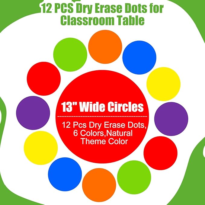 Ireer 12 Pcs 13 '' Dry Erase Dots for Classroom Table Classroom Decor Boho Colorful Stickers for Whiteboard Wall Decor Removable Dry Erase Circles for School Teacher Supplies(Classic,Rainbow Color)