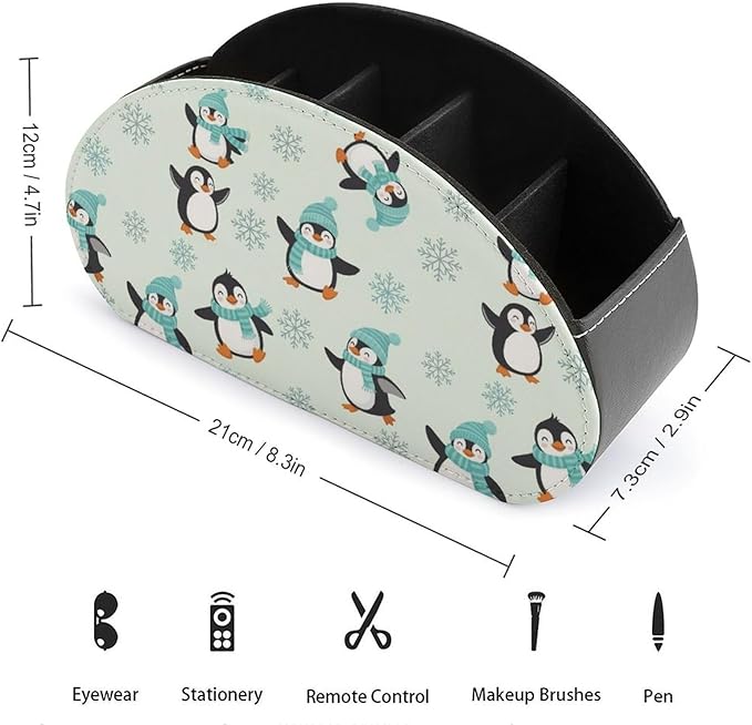 TV Remote Holder with 5 Compartments, PU Leather Desktop Organizer for Bedside Table, Office, and Living Room, Animal Penguin Cute Penguins