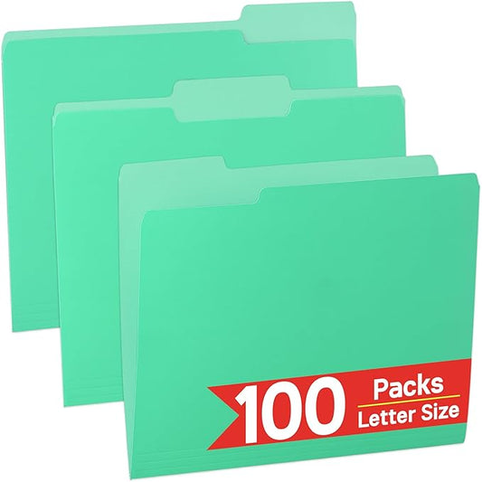 100 Packs Paper File Folder,Light Green File Folders Letter Size,1/3-Cut Tabs,8.5x11 Inch File Folders for Office Filing,School Projects and Home,Organizer Documents