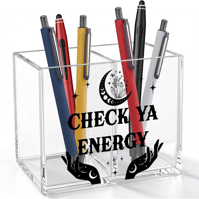 Funny Witchy Acrylic Cosmetic Pencil Pen Holder Check Ya Energy Pen Holder Cup Spiritual Witch Gifts for Women Men Colleague Boss Decor for Home Office Desk Accessories