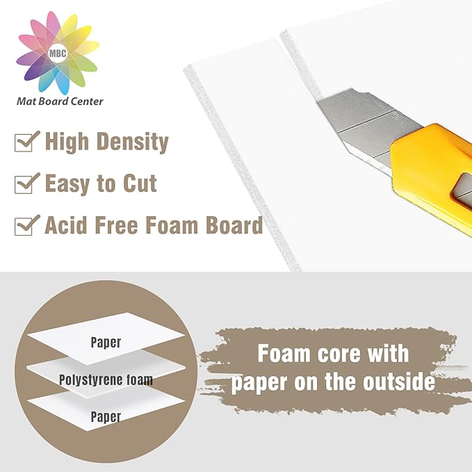 Mat Board Center, Pack of 10 Acid-Free Foam Boards, 20x24 inch White Foam Boards, 1/8" Thick