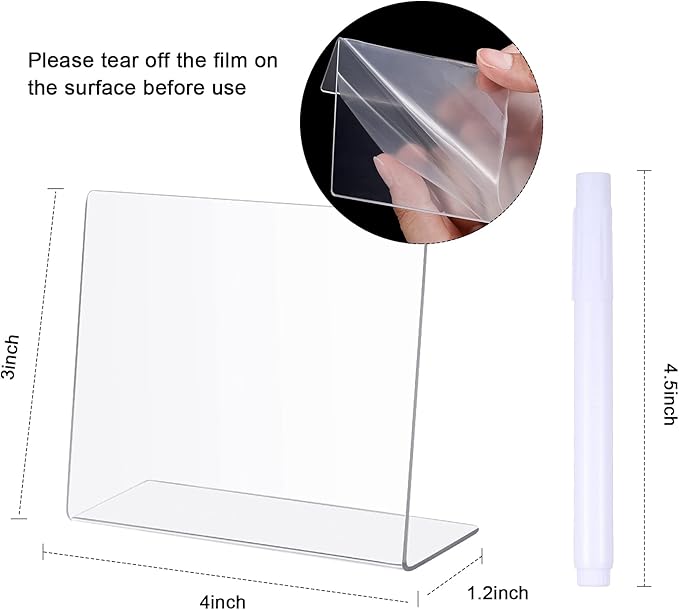 Outus 12 Pcs 4 x 3 Inches Buffet Food Labels Mini Small Chalkboard Signs Clear Acrylic Food Markers Little Price Signs with 2 Pcs Erasable Marker for Wedding Birthday Bakery Table Display