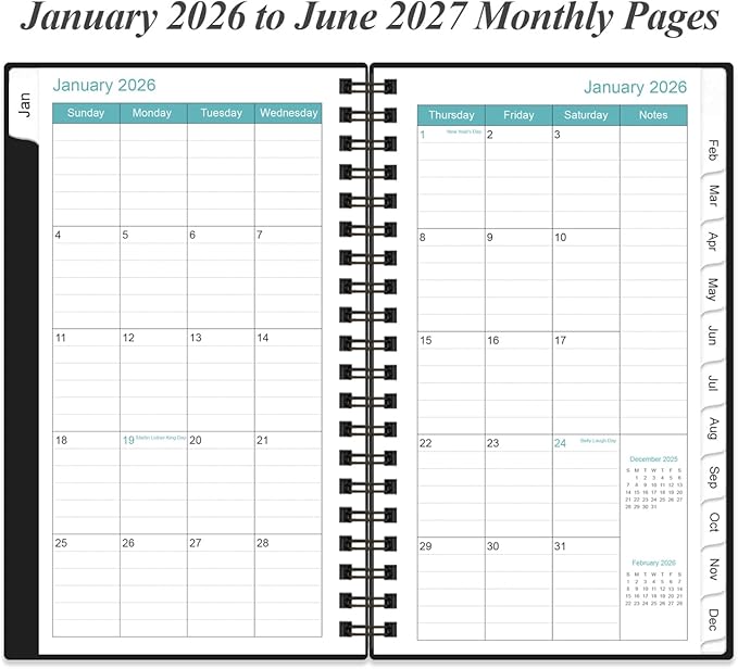 2026-2027 Monthly Planner - January 2026 - June 2027, Two Pages Per Month, 18 Monthly Calendar/Planner with Tabs, Strong Twin-Wire Binding, Inner Pocket, 3.75" x 6.5", Black