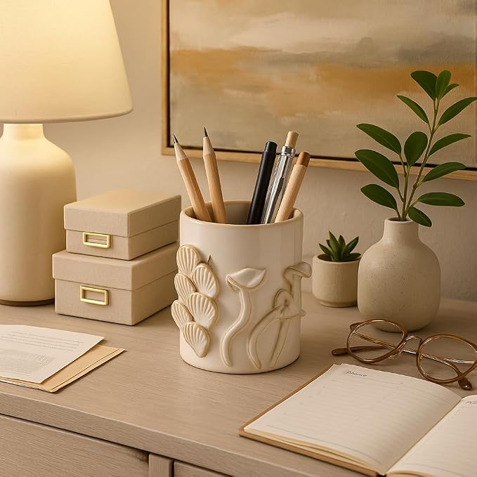 Ceramic Desk Organizer with Mushroom Design for Workspace Decor - Stylish Small Desktop Decor for Office Accessory - Versatile Desk Stationery Storage Holder for Kitchen or Bedroom - 4", Ivory