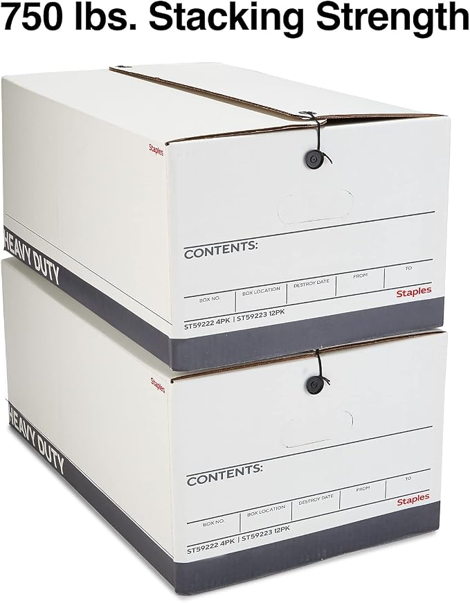 STAPLES Storage & Filing Box, Heavy-Duty with Handles & String-Button Lid, Letter Size Documents, Stackable, 4-Pack, White/Gray