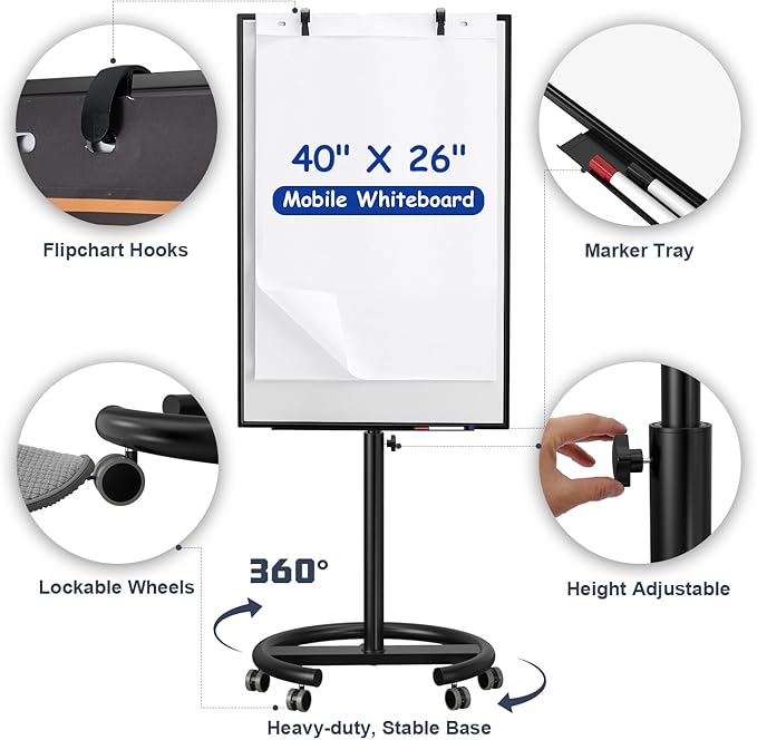 TANKEE Mobile Whiteboard Dry Erase - 40 x 26 Inches Portable Magnetic White Board Easel Flip Chart Stand with 25 Sheets Paper Pad