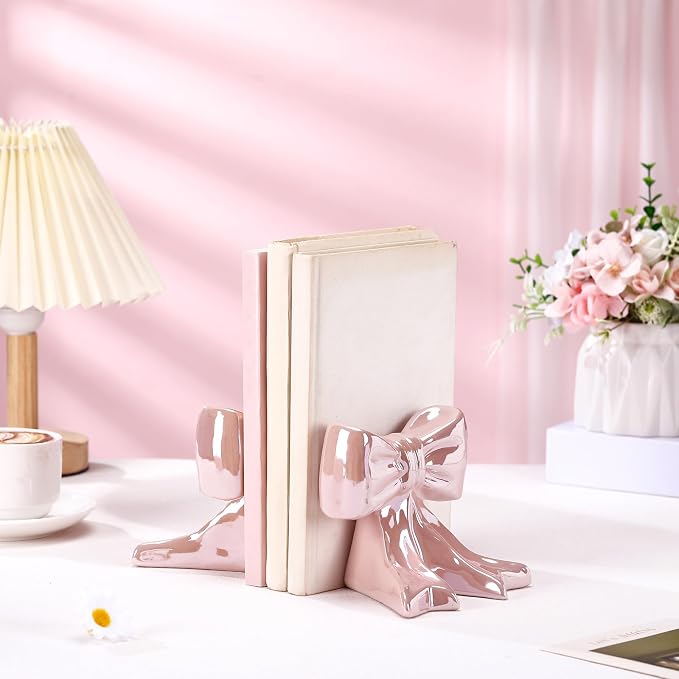 Leinuosen 2 Pcs Pink Bow Bookends Ceramic Cute Book Ends Decorative Book Stand Bow Sculpture Statues Tabletop Shelf Ornament Room Decor for Home Office School Dorm Girl Desk