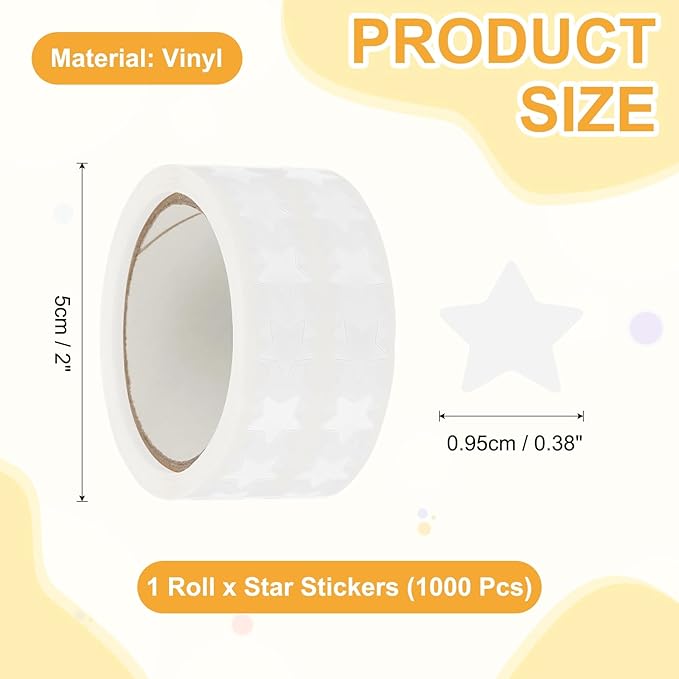 PATIKIL Star Stickers Roll 3/8", 1000 Pcs Self-Adhesive Reward Stickers for Classroom Teacher Supplies and DIY Craft, White