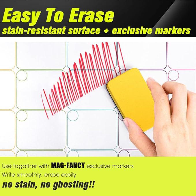 Mag-Fancy Dry Erase Calendar Kit- Magnetic Calendar for Refrigerator - Monthly Fridge Calendar Whiteboard with Extra-Thick Magnet Included 5 Marker & Eraser & Adhesive Hooks for Wall Hanging