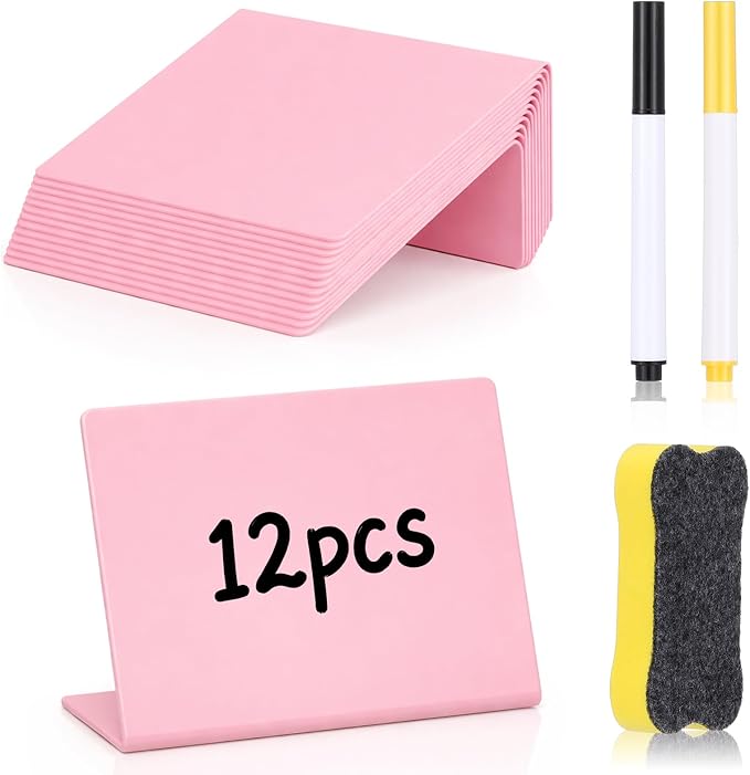 12 Pcs 4 x 3 Inches Pink Food Labels for Party Buffet Mini Chalkboard Signs with 2 Chalk and 1 Eraser Small Table Signs for Wedding Birthday Bakery Table Display Food Display