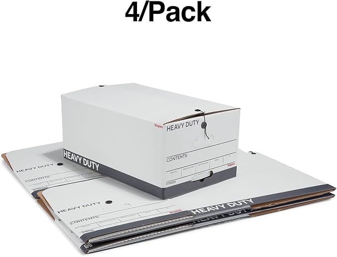STAPLES Heavy Duty File Box, String and Button Lid, Legal, White/Gray, 4/Pack
