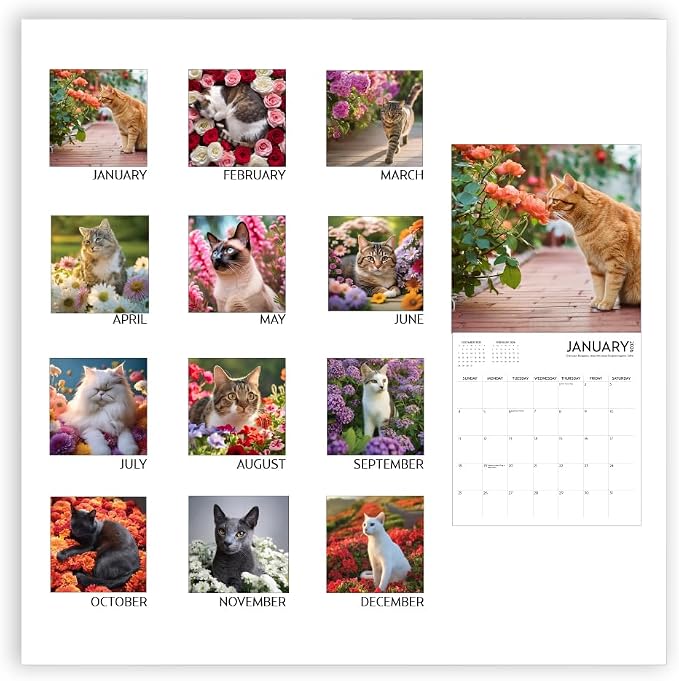 Cats and Flowers Large Wall Calendar | 12 x 12 Inches | 2026 Wall Calendar | Christmas Gift (Cats and Flowers)