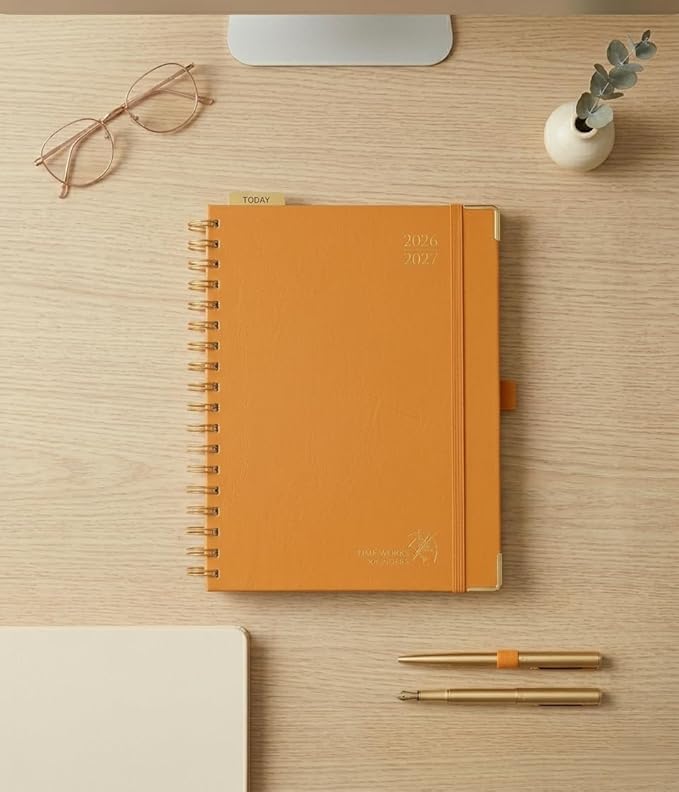 POPRUN 2026-2027 Academic Year Weekly and Monthly Planner Calendar,Jul 2026 - Jun 2027，10" x 8"， Daily Agenda Book & Appointment Book with Hourly Schedule, Tabs, Hardcover, School and Office Supplies - Orange
