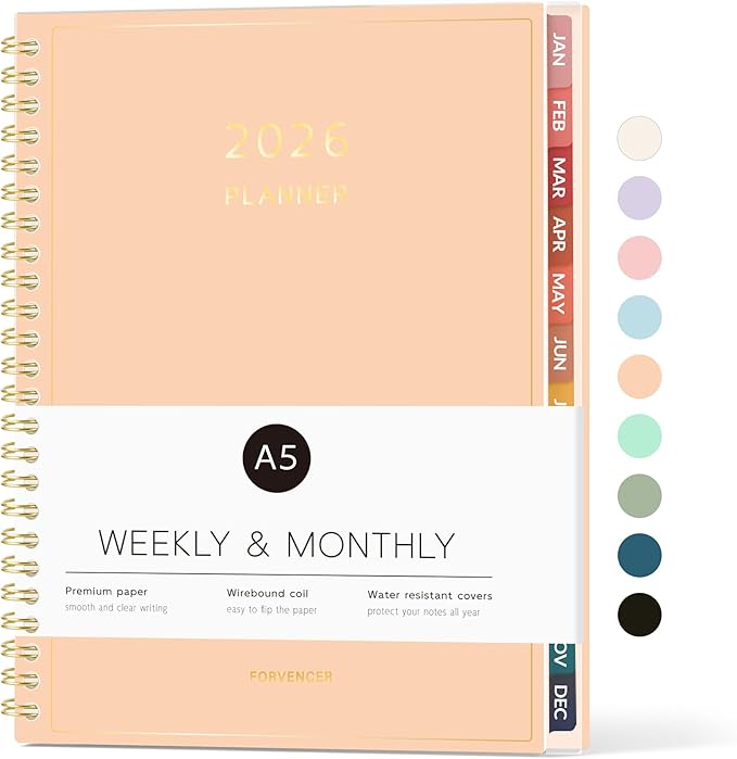 2026 Planner, Forvencer Calendar Planner Weekly and Monthly (Jan 2026-Dec 2026), 6" X 8", Agenda Book, Daily Journal Notebook with Tabs, Flexible Cover, Home School Organizer, A5, Orange