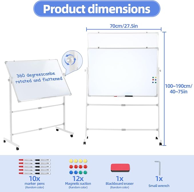 hatleues Magnetic Whiteboard with Stand- 36" x 24" Double-Sided Rolling White Board Mobile Dry Erase Board on Casters for Office, Classroom, Home & Presentations (40 x 28 Inch)