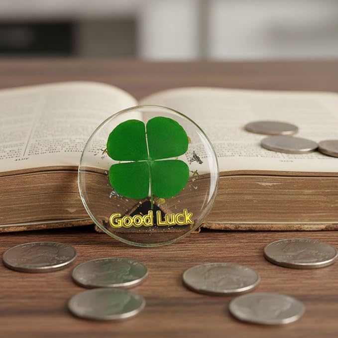 Real Four Leaf Clover Good Luck Pocket Token, Preserved Flower Resin Charm Gold Silver Foil, Real Clover for Wallet, Purse, Bag (Round Good Luck)