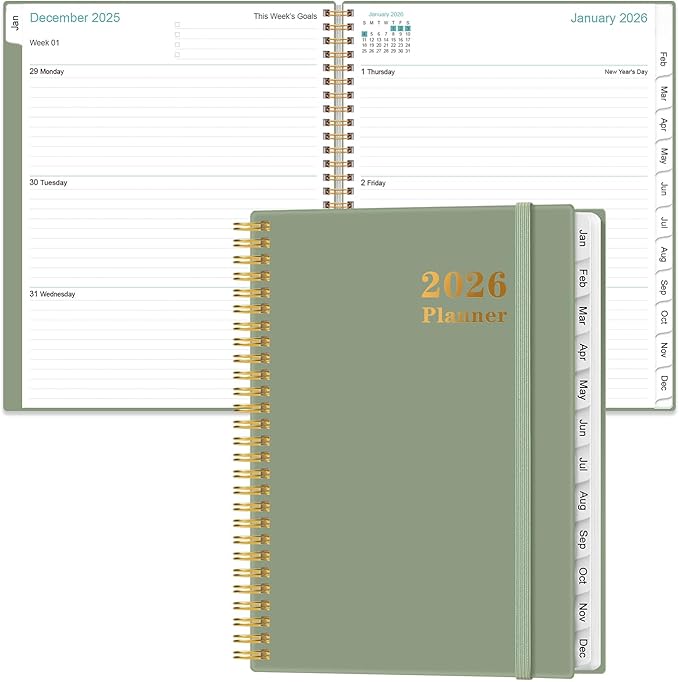 Planner 2026 For Women & Men - Monthly and Weekly Calendar Planner from January 2026 - December 2026, Student Planning with 12 Tabs for Office School Supplies, Inner Pocket, 8.5" x 11", Green