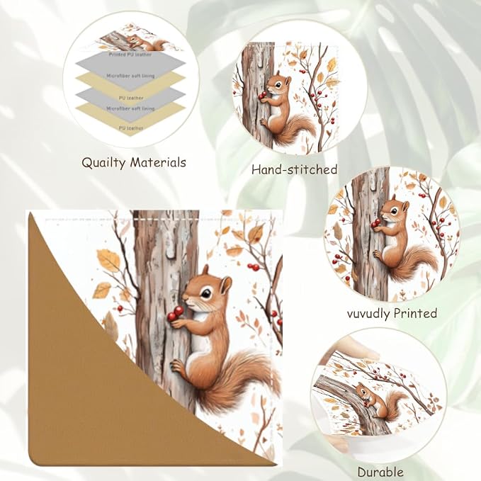 2PCS PU Leather Bookmarks 3.5x3.5 Inch Squirrel Autumn Tree Design | PU leather bookmarks with squirrel autumn tree design for novels, reading notes, planners, students, teachers and book fans