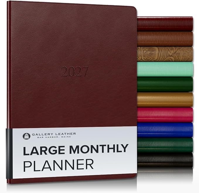 Gallery Leather Large Monthly Planner 2027, Elegantly Bound Calendar Planner and Notebook with Stylish Gold-Gilded Page Edges, 18 Months - Tremont Garnet - 9.75x7.5"