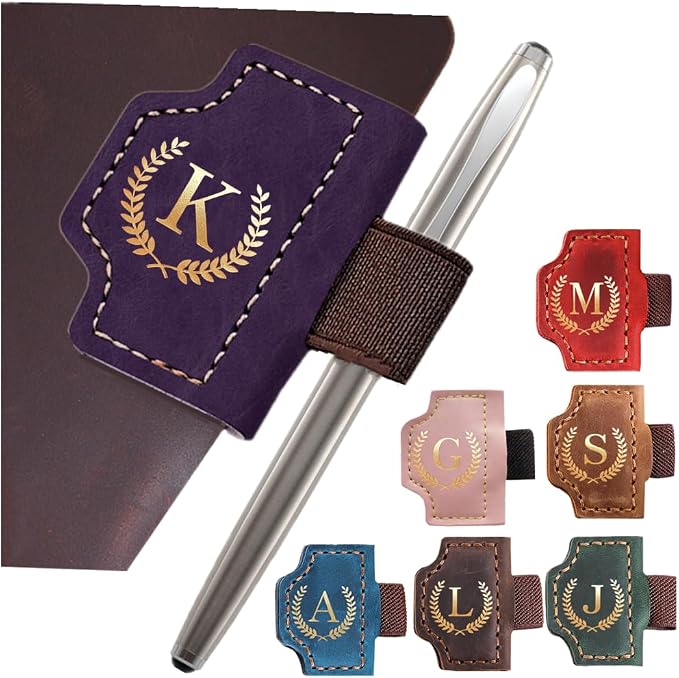 Personalized Mark Bookmark with Pen Holder, Leather Magnetic Book Marker 26 Letters,Custom Initials Page Marks, Gifts for Book Lovers Readers Men Women(Purple, K)