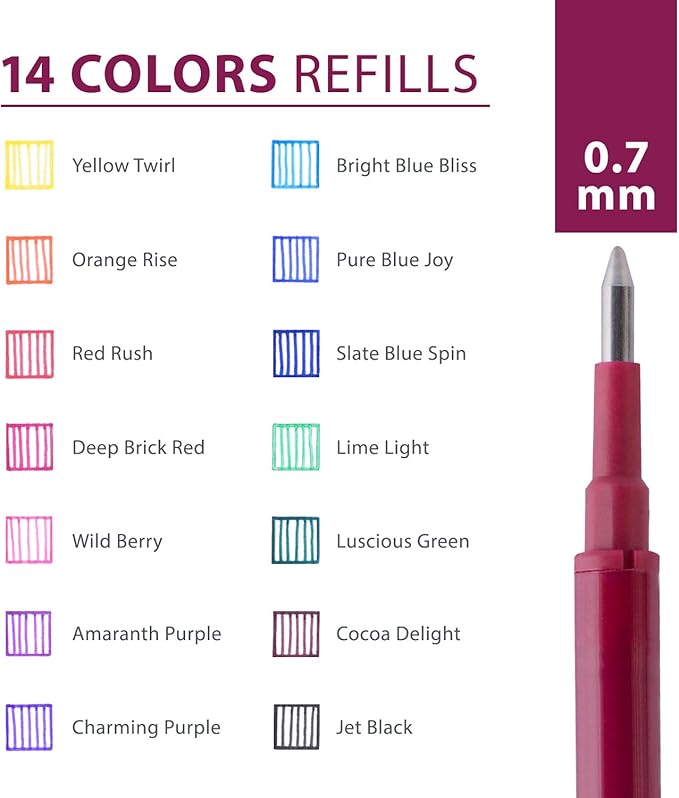 ParKoo Gel Ink Refills Compatible with FriXion and Friction Erasable Gel Pens, Fine Point 0.7 mm, 14 Colors