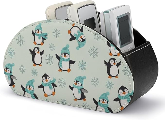 TV Remote Holder with 5 Compartments, PU Leather Desktop Organizer for Bedside Table, Office, and Living Room, Animal Penguin Cute Penguins