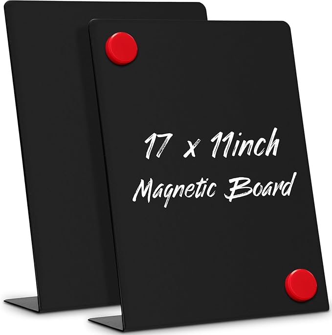 Fainne 2 Pcs Magnetic Bulletin Board with Easel Stand Mini Black Magnet Metal Tabletop Memo Display Board for Back to School Menu Table Office Supplies (17 x 11 Inches)