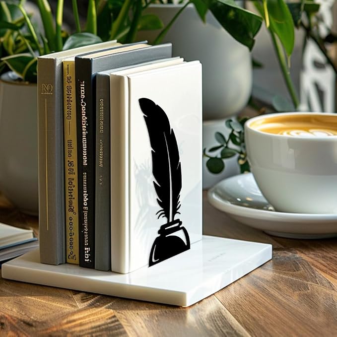 Peacoblue Metal Bookends for Shelves, Modern Decorative Heavy Duty Study Book Support Stoppers for Office, Desk, Shelf, Room 5.3"x4.3"x7.9" Cast Iron Tall Bookends, 1 Pair (Quill Pen and Candlestick)