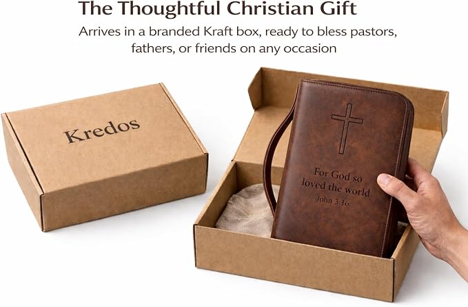 KREDOS Premium Bible Cover - Vintage Crazy Horse Style PU Leather Case for Men & Women - Large Minimalist Bible Holder & Christian Gifts - Fits Study Accessories, Notebook, Markers & Highlighters
