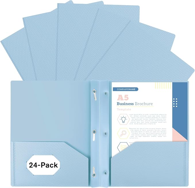 Plastic andPockets and Prongs,2-Pocket and3 Fasteners, Holds 8-1/2" x 11" Paper for School/Office/Home, Pastel Color, 24 Packs
