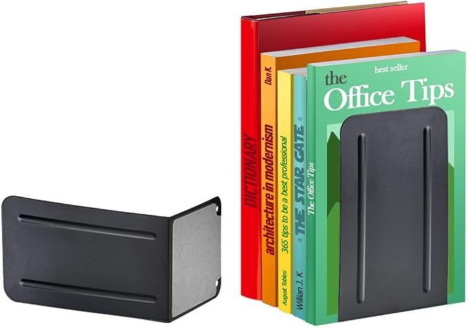 Acrimet Bookends for Shelves, Non-Skid Book Holder, Heavy Duty Book Stopper, Steel Metal Book Ends Storage for Home, Library, 6 7/8" H x 4" W x 4 1/2" D (Black) (1 Pair / 2 Pieces)