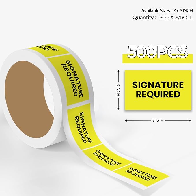 StickerJet Signature Required – Warehouse Receiving Labels – 3"x5" Rectangle Labels – 500 Qty/Roll – Paper, Easy Peel and Stick, Strong Adhesive, No Residue, Made in USA
