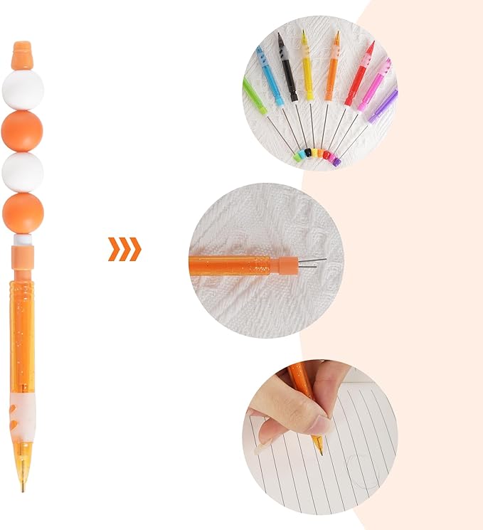 16 Pcs Beadable Pencils, Beadable Mini Mechanical Pencil, Beadable Stylus Pencils with Silicone Hand Guard for Writing Drawing Sketching DIY Crafting (8 Colors)