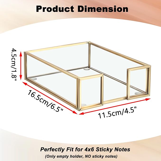 BTSKY Golden Glass Sticky Note Holder for 4x6 Inch Sticky Notes, Elegant Post It Note Dispenser with Non-Slip Pads Clear Notepad Holder for Desk Organization Planning, Home Office Decor