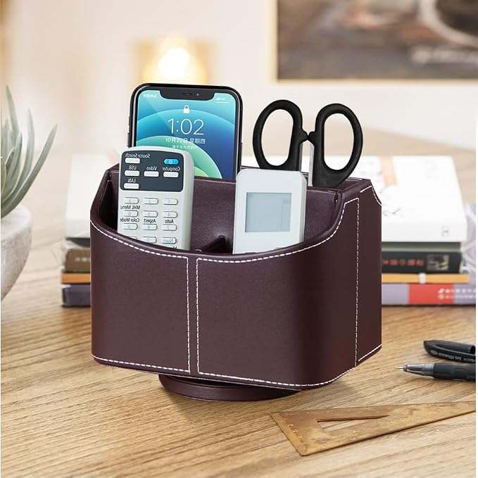 360° Rotating Remote Control Holder, PU Leather TV Remote Caddy Organizer Basket Storage Box with 5 Compartments for Pen, Pencil, Art Supplies, Makeup Brush, Office Desk Table Accessories