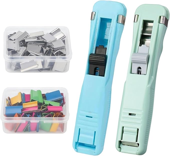 Portable Binder Clip Stapler - Includes 100 Reusable Clips, Compact No-Hole Binding Refillable Handheld Design, Portable Binder Clip Stapler for Office School Home Document Organization (2Pcs-e)