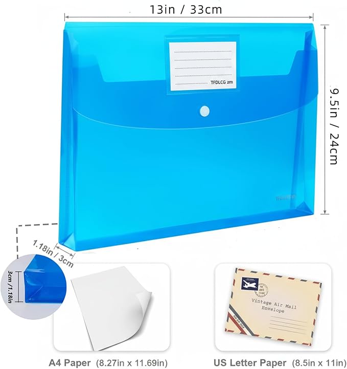 5 Pack Plastic Envelopes,Large-Capacity Colored Clear Folders for Documents File Folder,TFDLCG zm Poly Envelopes with snap Closure,A4 Letter Size(13"×9.5") for School Home Office,Assorted Colors