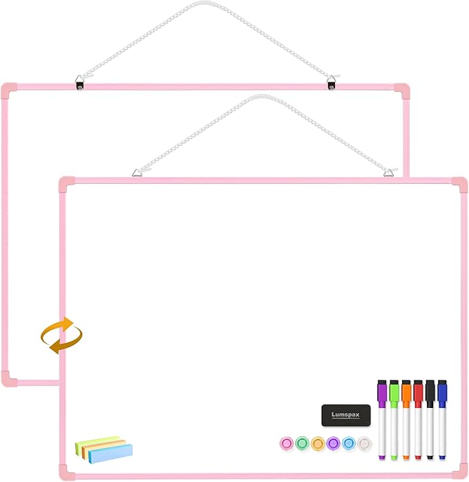 Dry Erase Board for Wall, 24" x 18" Double-Sided Hanging White Board with 6 Markers, 6 Magnets and 3 Mini Sticky Notes, Portable Whiteboard for Home, Office, School, Pink Frame
