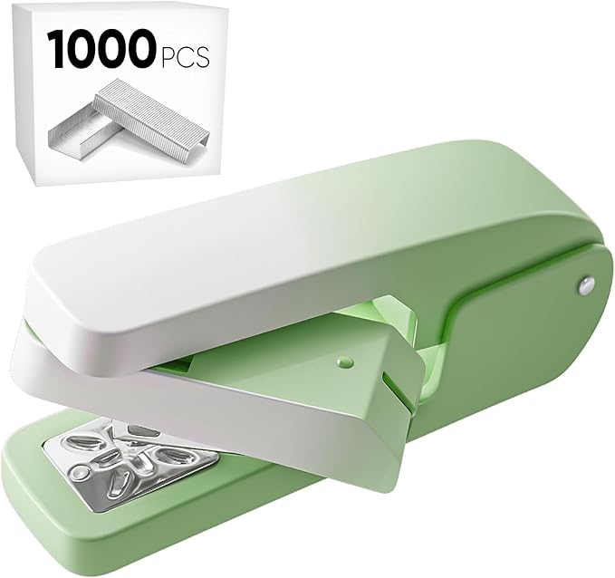Office Desk Swing-Arm Swivel Stapler, 25 Sheets Capacity, 360 Degree Rotate Small Compact Desk Staplers with 1000 Staples for Booklet, Book Binding, Brochures Newspapers - Green