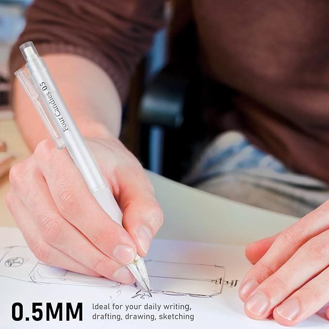 Four Candies Cute Mechanical Pencil Set with Case - 3PCS Pencils 0.5mm with 180PCS HB Lead Refills, 3PCS Erasers, 9PCS Eraser Refills, White Clear Mechanical Pencil for Students Drawing, Writing